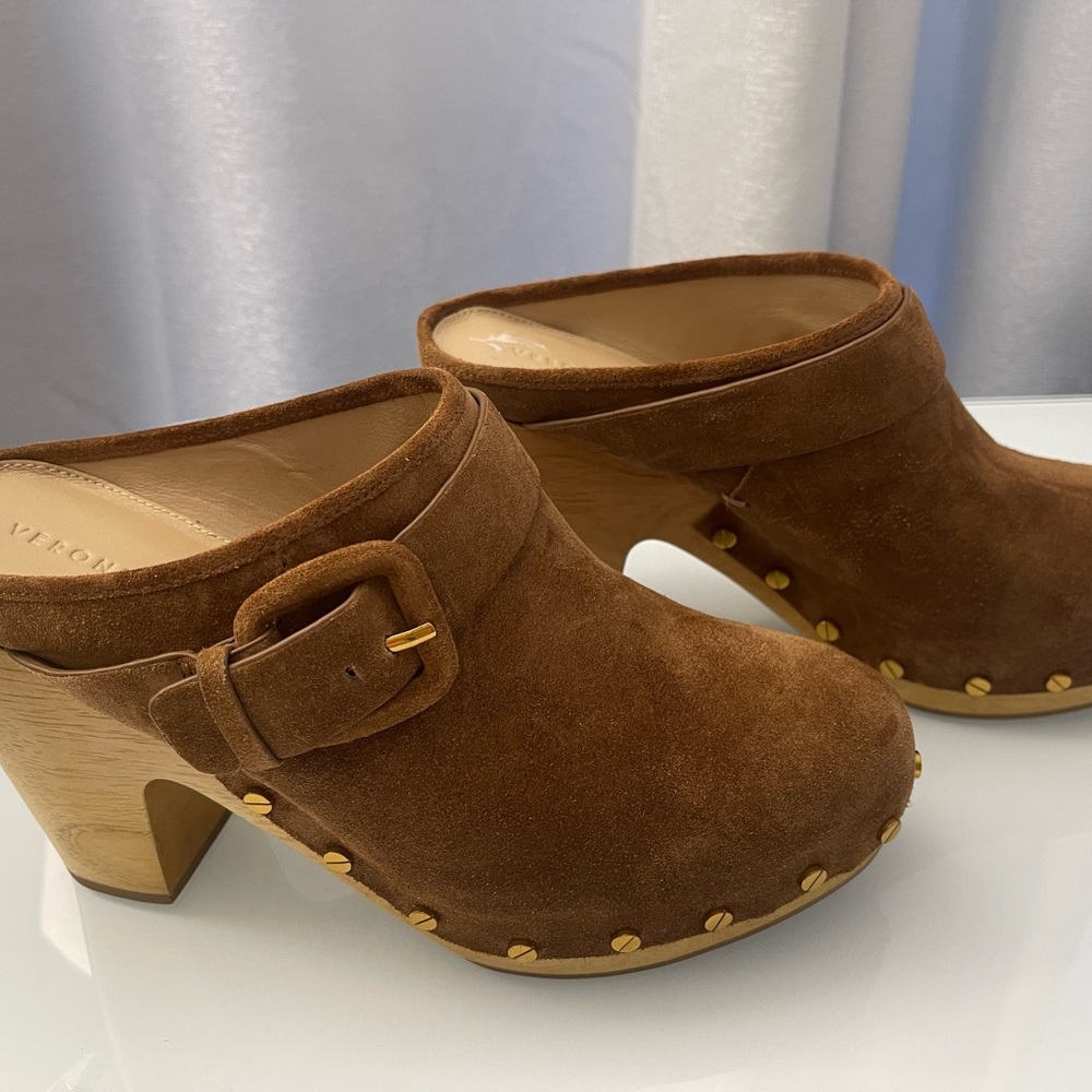 Veronica Beard Dacey Suede Leather Clog Mule 8 1/2 Brown Wooden